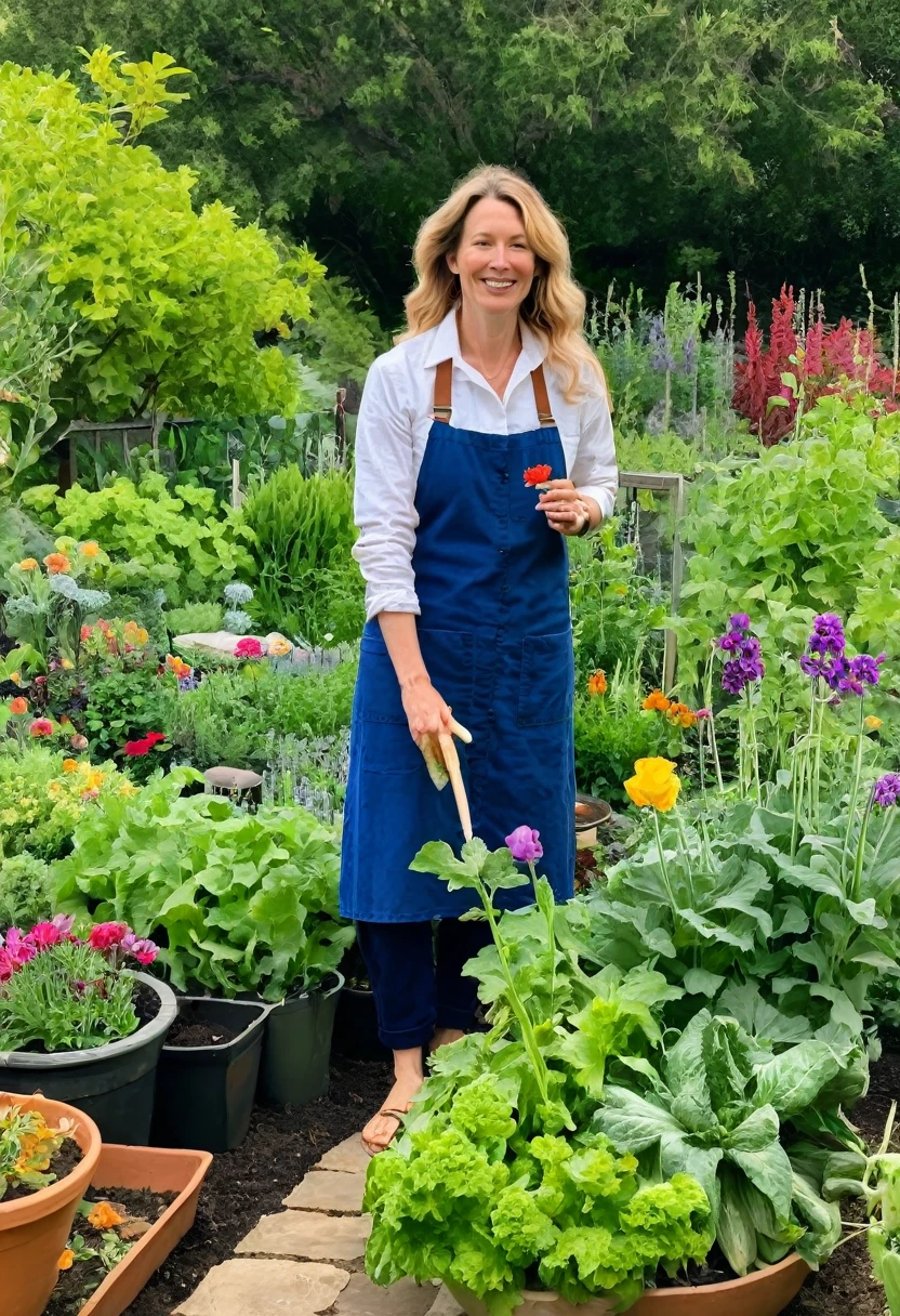 Dr. Amanda Eversfield in her garden, tending to vibrant flowers and vegetables, dressed in casual gardening clothes, with a relaxed and content expression, surrounded by greenery and blooming plants.