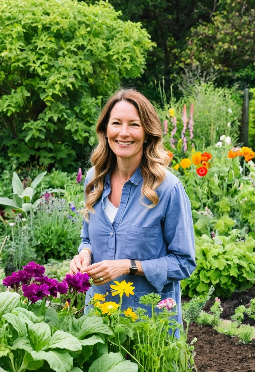 Dr. Amanda Eversfield in her garden, tending to vibrant flowers and vegetables, dressed in casual gardening clothes, with a relaxed and content expression, surrounded by greenery and blooming plants.