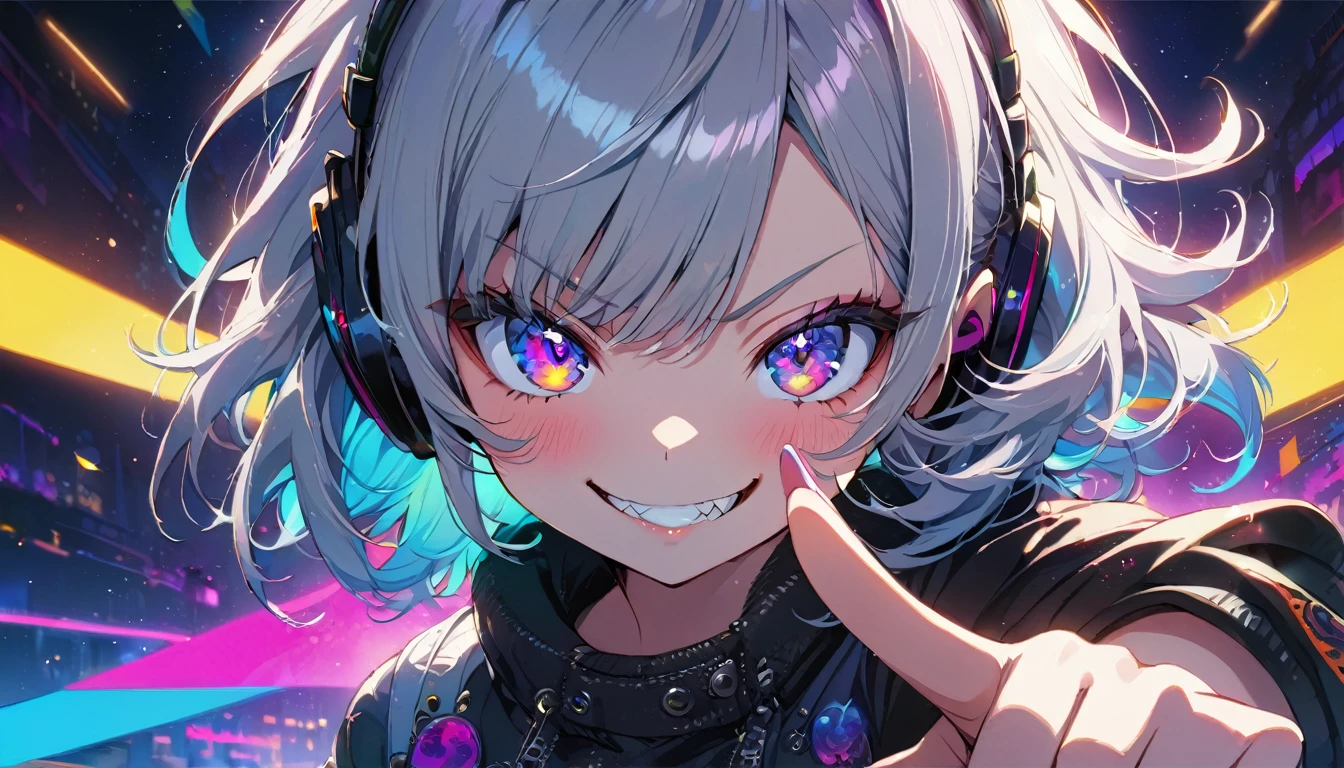 ((Masterpiece)), ((best quality)), (Anime:1.3), (super detail:1.2), (High Definition:1.3), (Professional Photography:1.3), cute young Girl, Glossy unruly hair, (loose swept bangs), (silver ash hair), medium hair, big eyes, (Eye bags:1.3), (Long eyelashes), colorful eyes, (evil smile and blush), Glossy lips, (jagged teeth), ((Army style)), hold on gun, barearms, cute, neon lit, starry night, (pointing finger:1.3), (colorful:1.3), gothic makeup, wearing headphones, full body, dutch angle,