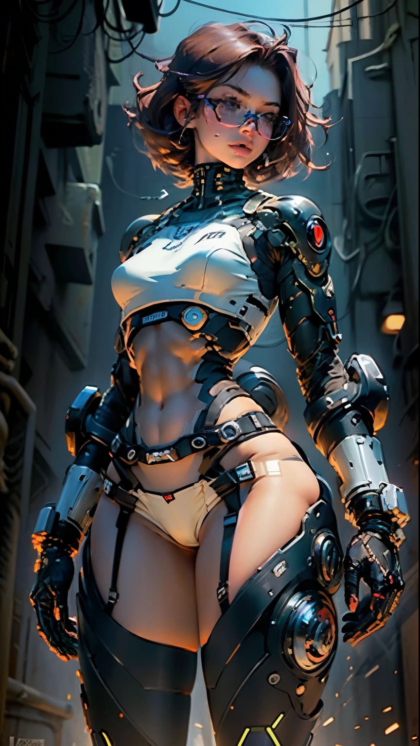 Woman body defined thick thighs cybernetic body parts, short underwear