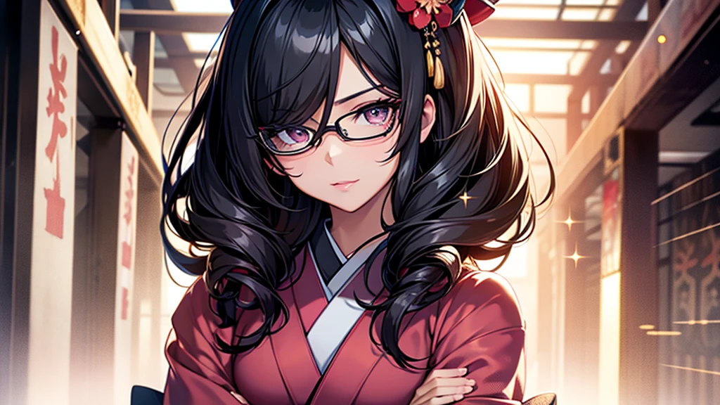 (1girl:1.3), Masterpiece, Best quality, amazing beauty, [[3D]], 4K, absurdres, finely detail, super detailed eye, perfect anatomy, official art, cinematic lighting, BREAK, Japanese-style room, long hair, black hair, super shiny detailed black eye, big eyes, sparkle(in the eyes), thin eyebrow, Gazing into the Distance, close-mouth, plump lips, Mascara, False eyelashes, pink lips, eyewear, happy face, BREAK , usually, tall, slender, fair skin, crossed arms, full body, from front, BREAK , ornate hairpin, BREAK,(kimono:1.3)