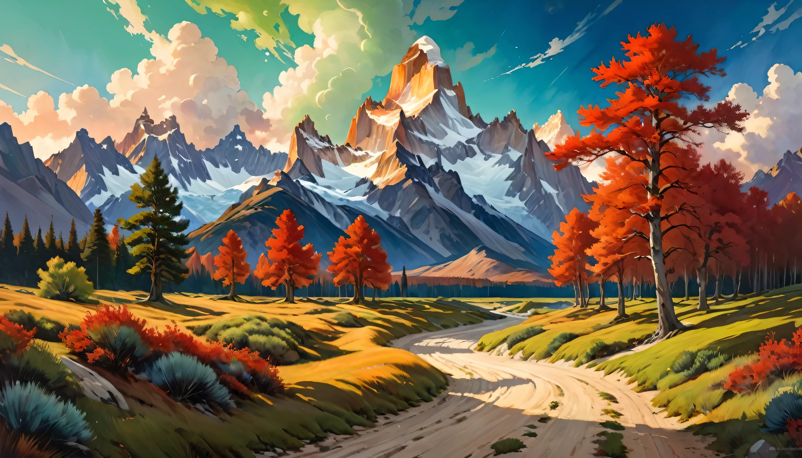 painting by sargent and rhads and leyendecker and greg hildebrandt evening sky, low thunder clouds foothpath with trees at indian summer with zugspitze fitz roy in background, colours green, red, blue black and white, acuarela