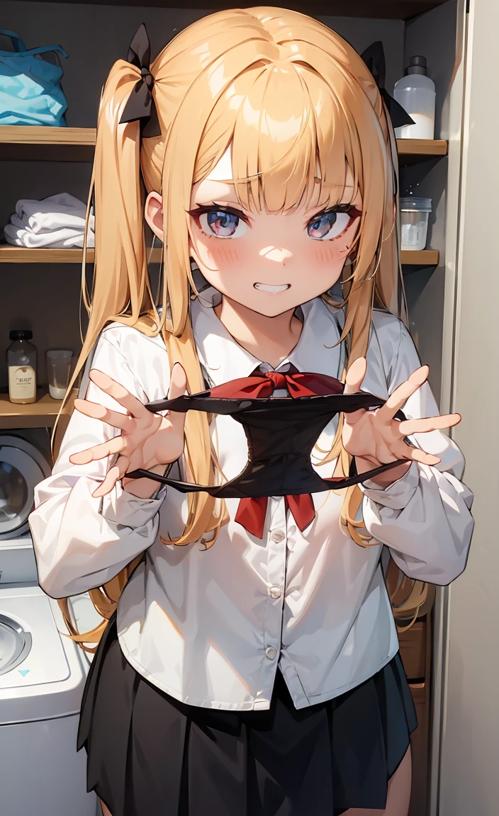 One girl,
Laundry room,washing machine, Laundry basket, a few underwears are in a Laundry basket,
Blonde, {{{Half Twin Tail:1.3}}}、break,blush, bow, 赤いbow, Long sleeve, shirt, 襟付きのshirt, skirt, プリーツskirt, 黒いskirt, Small breasts,
{{{Face close-up}}},Upper Body,,Pay attention to the panties,Quality underwear,
Look down,View your viewers,
Panties as a gift,
Tabletop, Highest quality, , Absurd, Perfect Skin, Detailed skin texture, Ultra-detailed, 8K, Intricate details, Beautifully detailed face,High resolution,
{{{Shadowed face}}}, mock, {{{Grit your teeth:1.2}}}, Grin, smile, Looking down at the viewer, masterpiece,Absurd, Beautiful detailed face when viewed from the front,