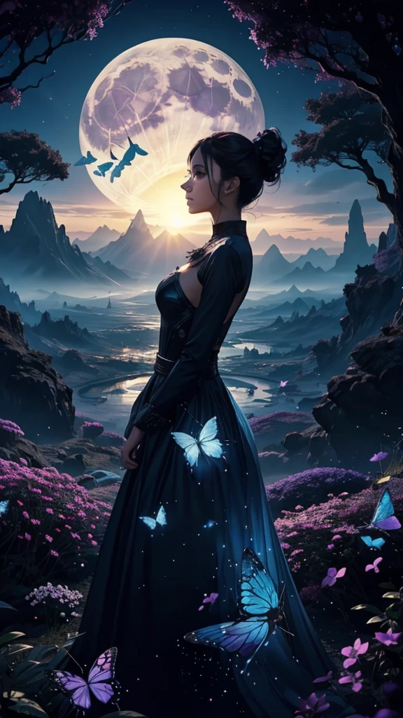 Create a cover. The cover should have a dreamlike and fantastical atmosphere with a color palette of blue, purple and black. Include the following elements: - A large blue moon at the top of the cover. - Transparent butterflies scattered across the cover. - A central image that mixes a human profile silhouette of a woman with natural (trees, mountains) and urban (a bright city) elements within it. - A romantic touch with the silhouette of a couple standing in the middle of a woman's human profile. The overall design should evoke a sense of dreams and fantasy, with bright, hazy tones.