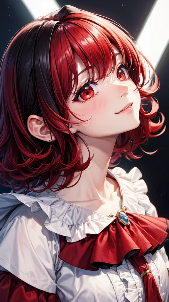 Top Quality, Masterpiece, Black Hair, Red Eyes, Looking Up, Upper Body, Kawaii, Ruffled Shirt, Smile,Red Hair