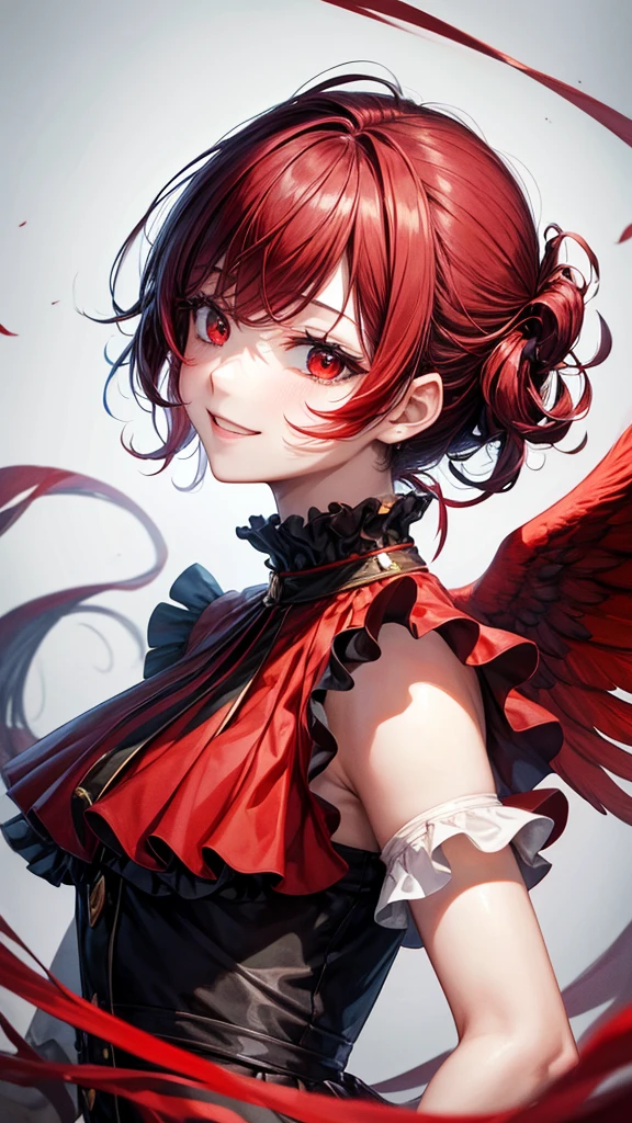 Top Quality, Masterpiece, Black Hair, Red Eyes, Looking Up, Upper Body, Kawaii, Ruffled Shirt, Smile,Red Hair