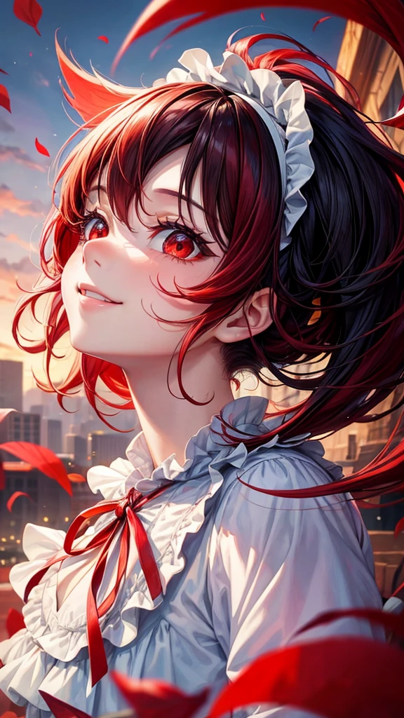Top Quality, Masterpiece, Black Hair, Red Eyes, Looking Up, Upper Body, Kawaii, Ruffled Shirt, Smile,Red Hair