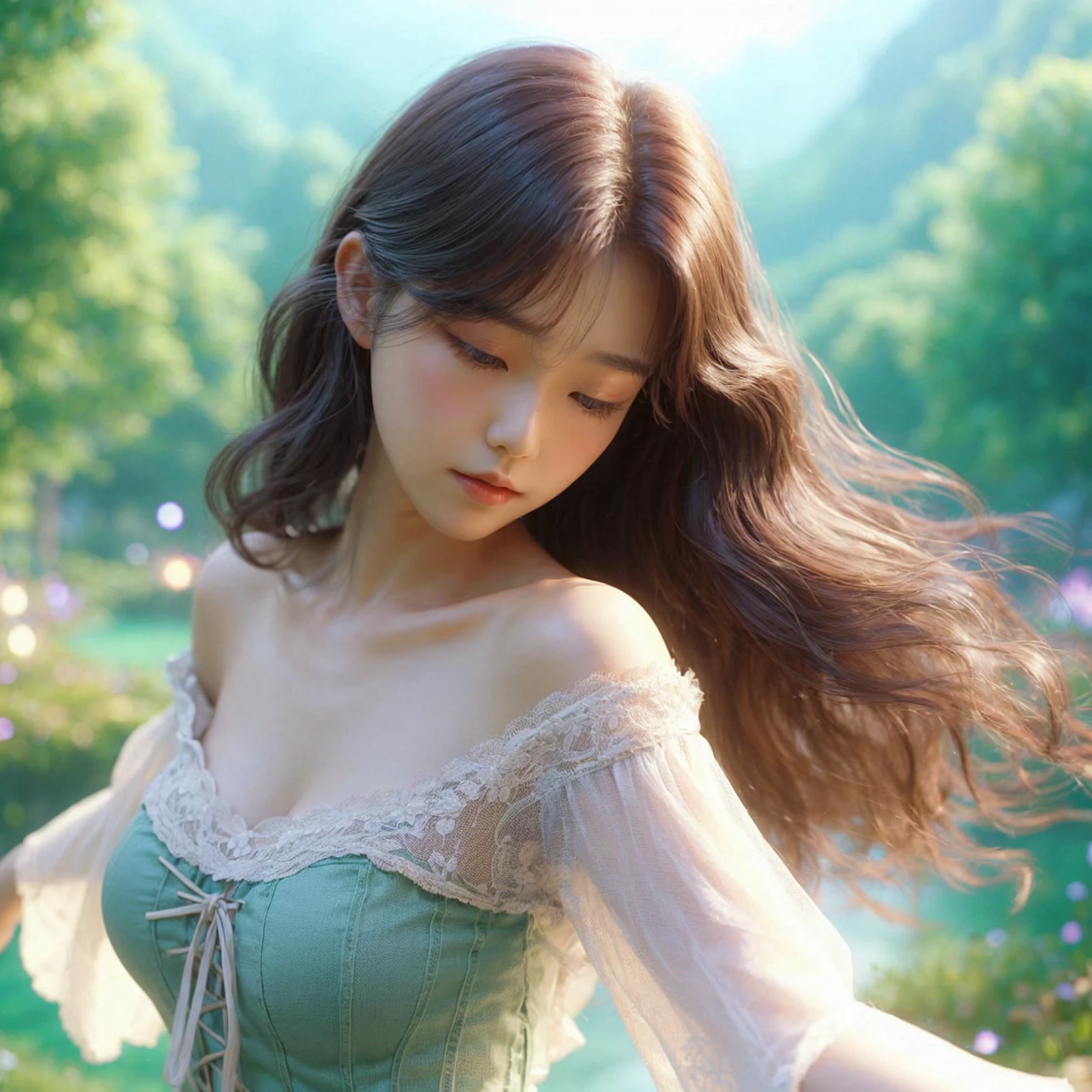 Generate a high-resolution 61k 3D image in a fairytale style, medium shot of a korean young woman as she finishes her dance, her arms slowly lowering to her sides. She takes a deep breath and calms herself, her gaze sweeping across the enchanting green landscape.