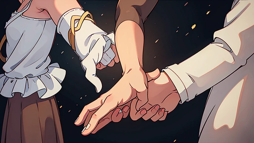 "A close-up of a couple holding hands during an intimate moment. The scene conveys a sense of connection and intimacy, with the background blurred to emphasize the clasped hands in the foreground. The lighting is soft and welcoming, highlighting the skin and creating a romantic atmosphere.