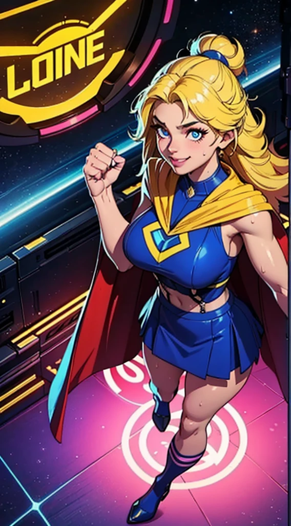 Digital painting of a woman with royal blue and yellow hair, super hero, muscle girl, pose, fist up, ((from above)), 1knee up, Behance Contest Winner, Afrofuturism, Synthwave, neon, glowing neon, sagging massive breasts, mini highschool skirt, cape, sweat, glossy silky skin, smile, in space,
