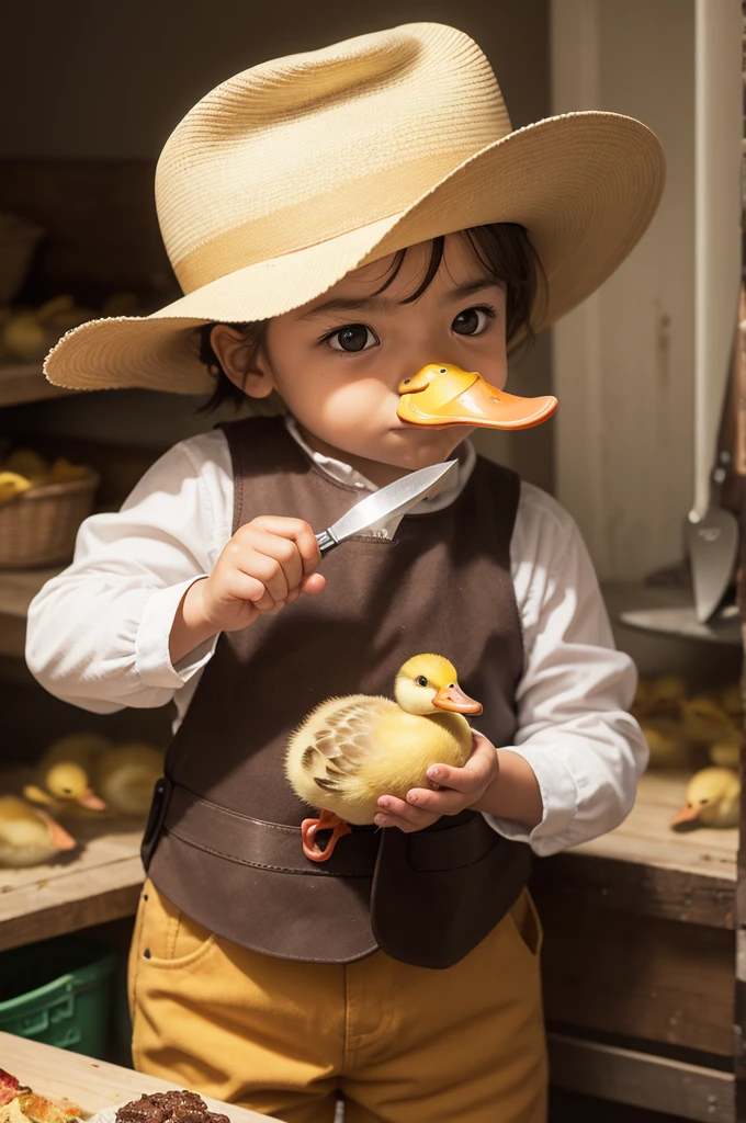 The meme of the duckling with a knife but instead of the duck is a tamale holding a knife and wearing a cowboy hat