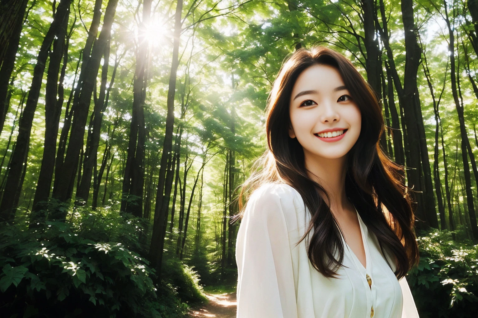A beautiful woman smiles facing forward　Photo style　Sunlight filtering through the trees　Real　