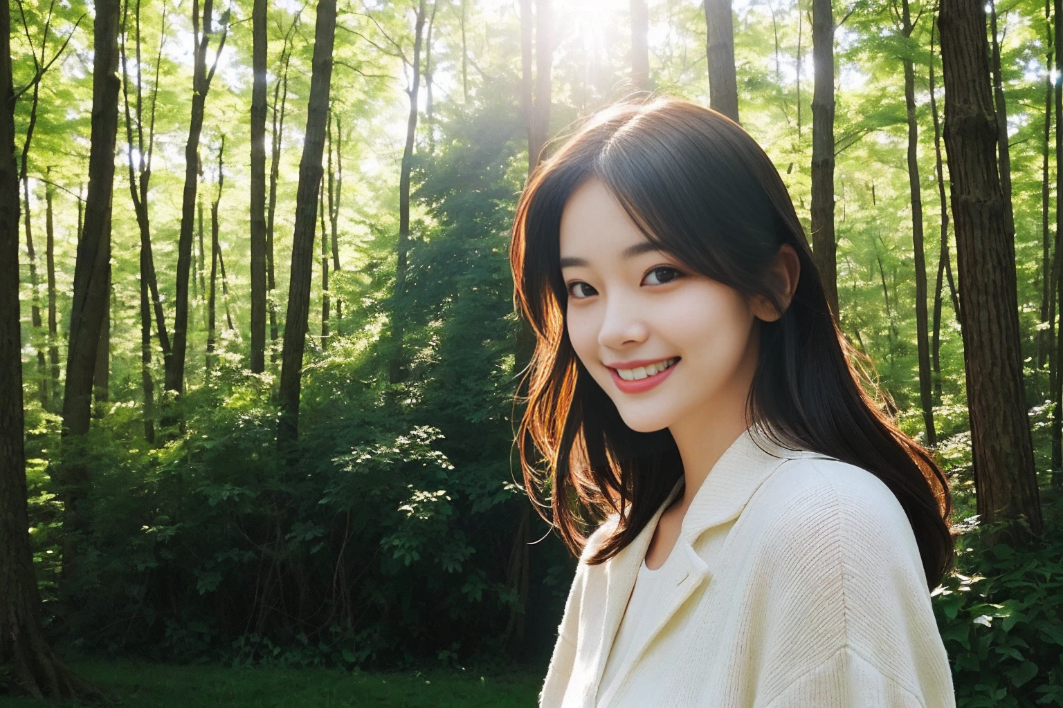 A beautiful woman smiles facing forward Photo style Sunlight filtering through the trees Real
