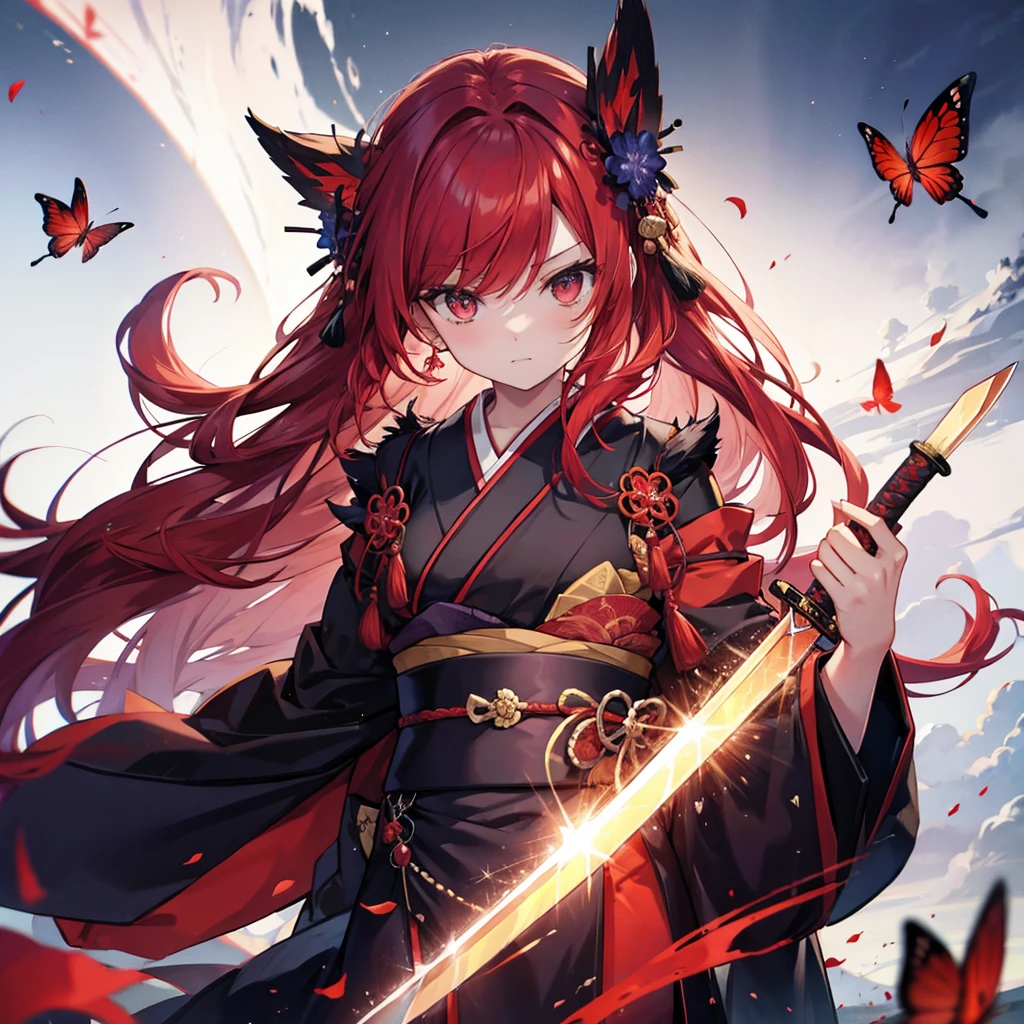 ((((Grasp the sword　1 person))))　(((Redhead　Long Hair　Black kimono　red band　Goddess of victory)))　((Red butterfly　night　Japanese style　shoulder　old))　(moon　star　autumn)　Shining Edge　Shining Background