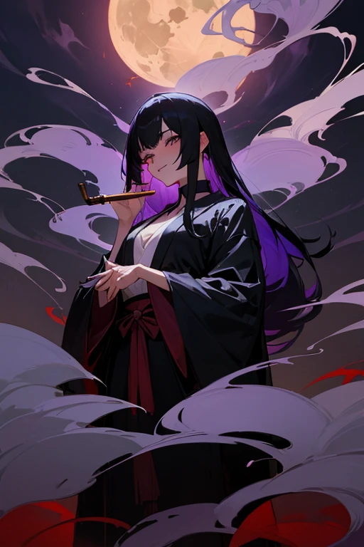 Dark Japanese-style room、Late Night、Dim golden moonlight、Dark Shadows、darkness、Beauty、adult、Black long straight hair、Cool Beauty、Yakuza、Japanese mafia、sex appeal、Black loose yukata、Open the chest、Exposing bare skin、Expose your breasts、Alluring、floating々、Easy-to-play、poison々Good personality、spicy、Sweet perfume、Japanese style、Dark Smile、tease、ridicule、grin、abuse、sadist、wild、No highlights in the eyes、sloppy posture、Strong Assassin、Playing with a man、Smoking a pipe in one hand、Bewitching Smoke、Purple smoke、From below
