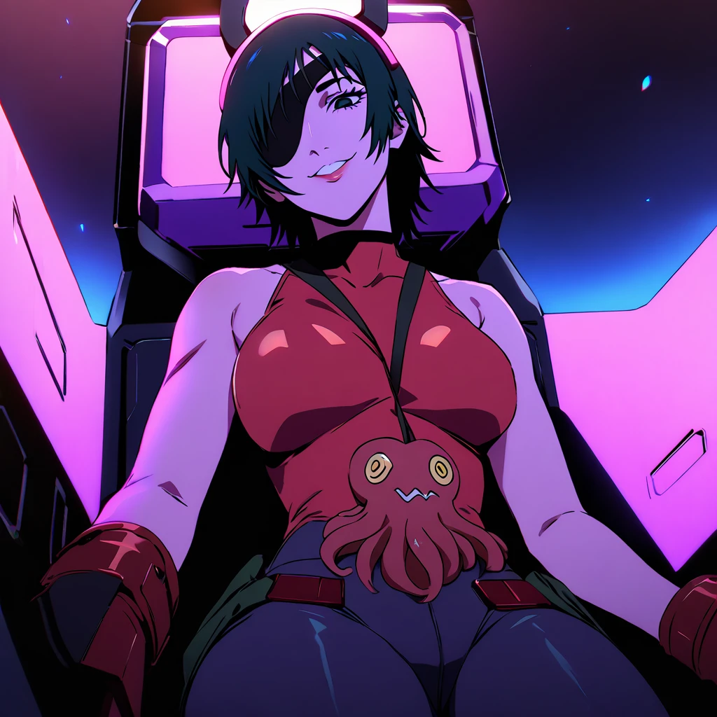 himeno, himeno(Chainsaw Man), solo, mature female, mature, Adult, eyepatch, looking down, seductive smile, evil grin, Villains, Octopus motif Cockpit, inside cockpit, piloting robot, red iron tentacle-like tubes, lever with octopus motif, gundamwingcockpit, joystick, seatbelt, sitting, latex purple leotard, purple headgear with extended tubes, Night, Dark, masterpiece, Top animation quality，Top image quality,