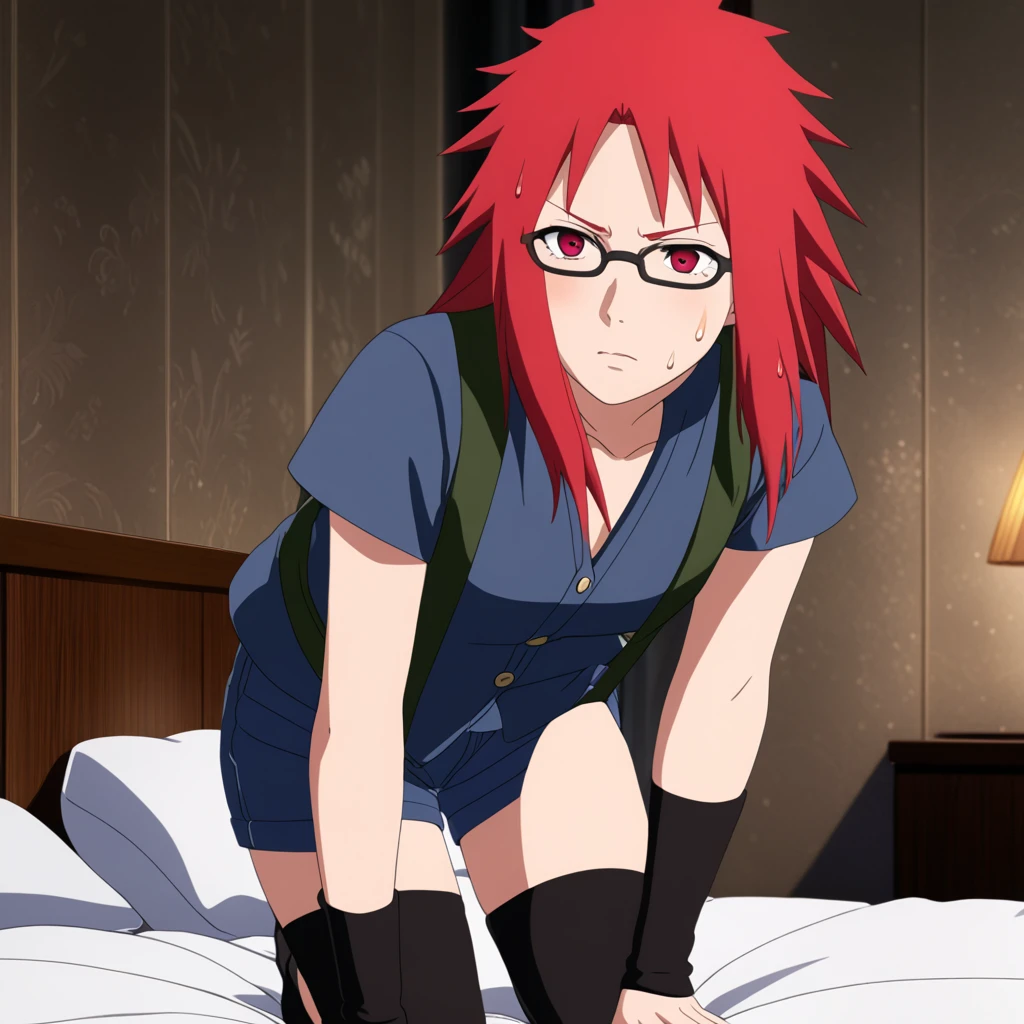 Red hair, 1 Girl, Glasses, Long hair, Red Eyes, Solitary, Umbilical cord, Looking at the audience,No students, Japanese cartoons screencap, Japanese cartoons coloring,src_Japanese cartoons,Naruto \(series\), Naruto shippuuden,((blush,nervous,Vision,))masterpiece, absurd , (Intricate details), (Colorful), light, Extremely detailed CG unity 8k wallpaper ,1 Girl, solo,(shy,In the hotel,Lying on the bed,night,blush,nervous,Sweating,蕾丝dress, ),sweat,blush,blush1.5,Blush,Medium chest,((dress,Vest,shorts,Black stockings,luxurious hotel,night,)),(dress,Suspenders,shorts,Lying in bed,Uncomfortable expression,Kneel down)