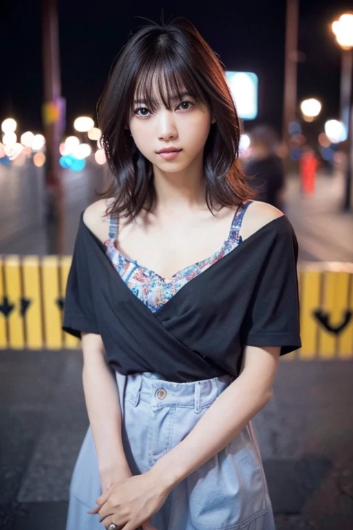 Random Pause, Mix 4, (8K, Original photo, Highest quality, masterpiece: 1.45), (Actual, Vibrant: 1.37), Skinny Japanese woman, One girl, charm, City view, night, rain, Wet, Professional Lighting, Photon Mapping, Radio City, Physically Based Rendering, Gradient black hair, Short Curly Hair, good looking, girl, T-Shirts, High resolution, 1080P, (Beautiful Face), (Detailed facial depiction), (Detailed description of the hand), (Detailed CG), Extreme light and shadow, Messy Hair, Lots of details, (exquisite features), (Highest quality photos), (Beautiful Eyes), Look in front of you, Thin clavicle,