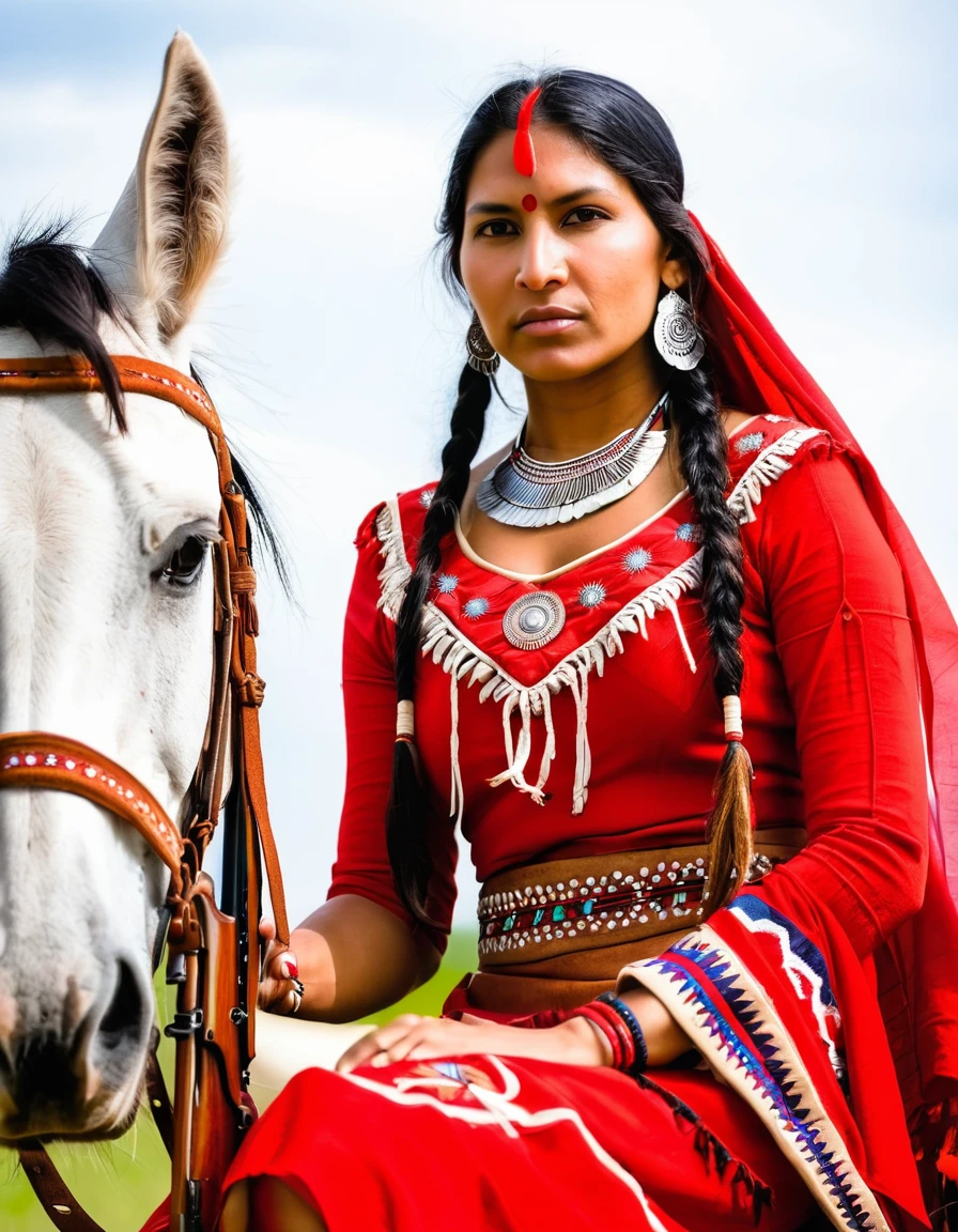 Portrait of a Red Indian woman, beautiful Red Indian woman, she is dressed in Red Indian clothes, holding a rifle, white skin, fine skin, sitting on horseback.