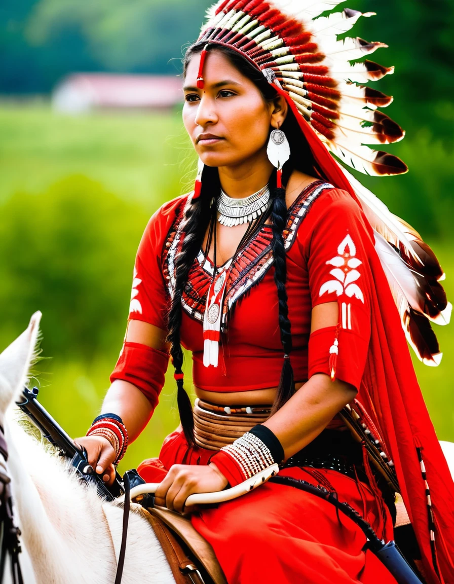 Portrait of a Red Indian woman, beautiful Red Indian woman, she is dressed in Red Indian clothes, holding a rifle, white skin, fine skin, sitting on horseback.