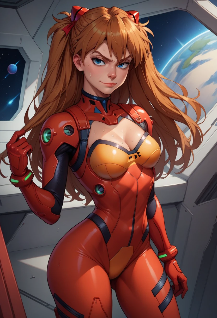 score_9, score_8_up, score_7_up, score_6_up, BREAK Asuka Langley, Sci-fi outfit, cleavage, medium breasts, seductive smirk,sweating, wide hips, big ass, on a spaceship, in space