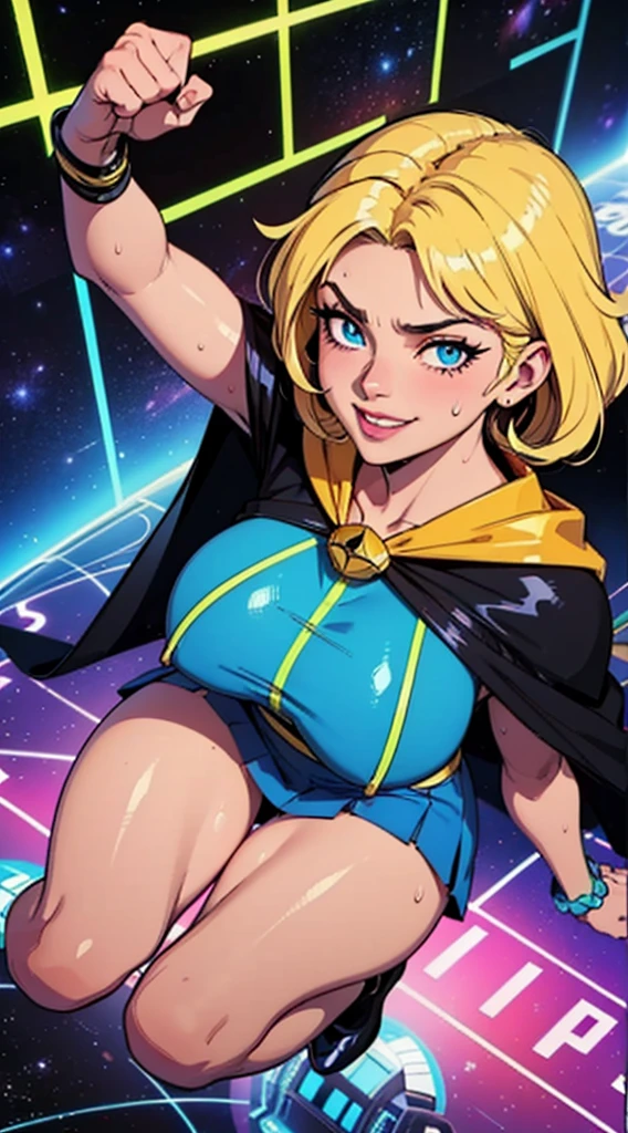 Digital painting of a woman with royal blue and yellow hair, super hero, muscle girl, pose, fist up, ((from above)), 1knee up, Behance Contest Winner, Afrofuturism, Synthwave, neon, glowing neon, sagging massive breasts, mini highschool skirt, cape, sweat, glossy silky skin, smile,  in space, 