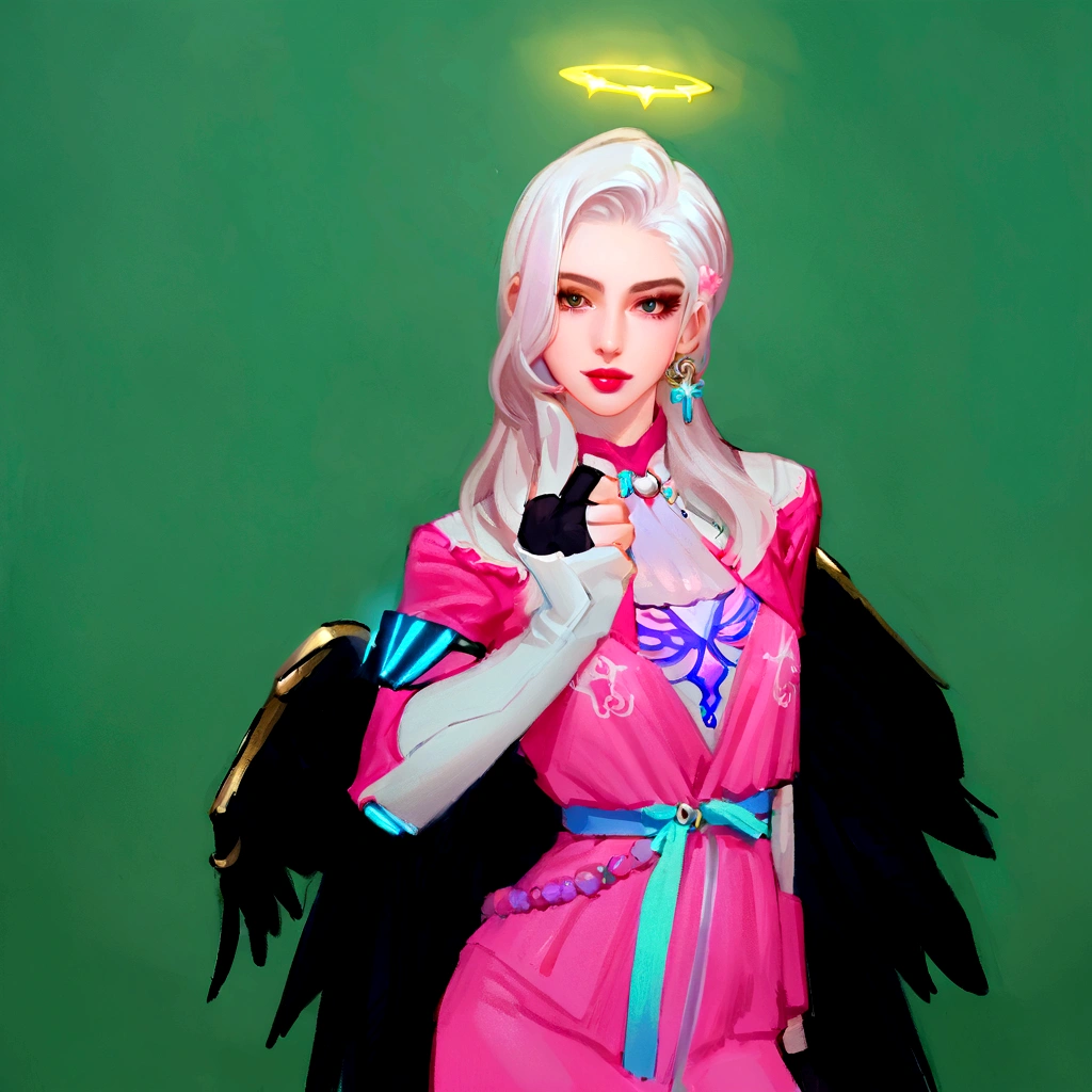 there is a woman with a pink dress and angel wings, wearing angel halo, npc with a saint's halo, wearing angel, kda, tron angel, young wan angel, holy halo, angelic halo, angel halo, npc with a saint\'s halo, as an overwatch character, full - body majestic angel, as overwatch character, as a character in tekken