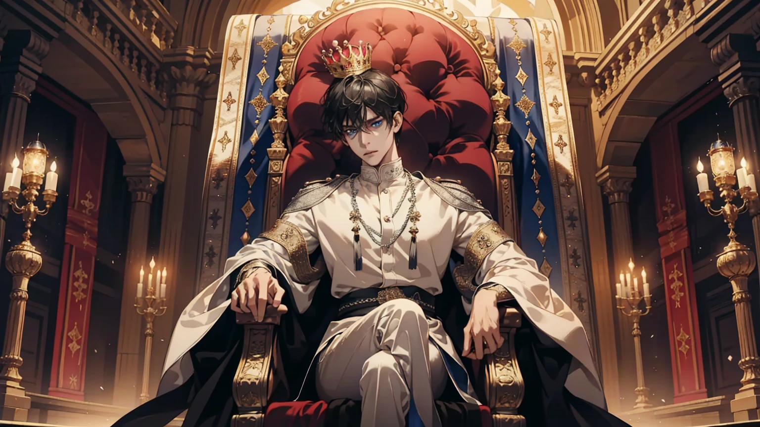 adult, black hair, short hair, the king sits on a majestic throne inside a majestic palace with a crown. sexy pose, toe to toe, The environment around it is majestic. Throne with silver and precious stone details, and covered with silver cloth. The protagonist is dressed in royal clothes., the king's beautiful black and blue robe, with a determined expression on his face, when he looks at the horizon with glowing and piercing blue eyes, Sharp facial features, masterpiece, Best quality, Concept art in 8K resolution, Fantasy art, epic art, concept art wallpaper 4K, deep color, daylight. adult, Beautiful, tall guy, broad shoulders.
