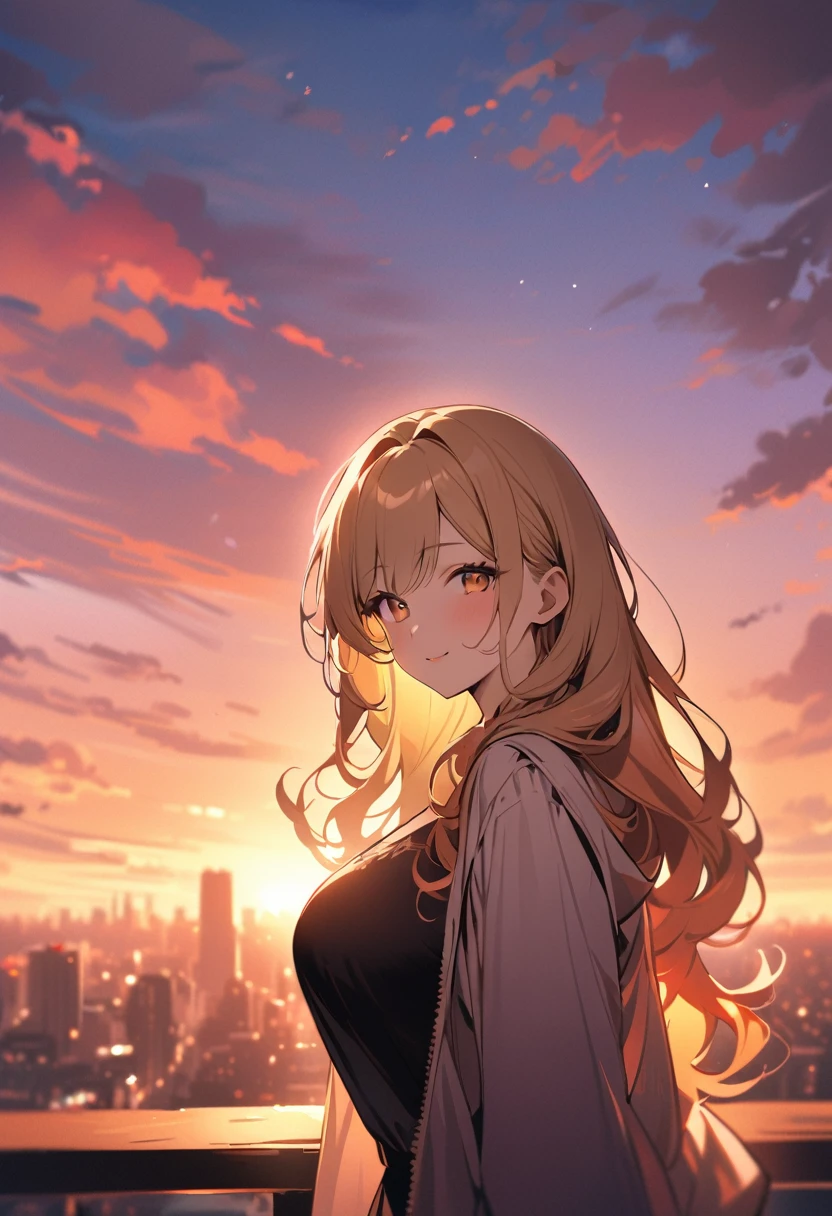 1 lady, 20 years old, blonde hair, long hair, wavy hair, light brown eyes, huge breasts, 
BREAK (masterpiece), (high resolution 8K), cinematic lighting, professional lighting, detailed eyes and face, detailed body, 
BREAK Desaturated tones, As the sun sets, painting the sky with hues of orange and pink, a woman (captures a selfie:1.5) on a rooftop overlooking the city skyline. She’s dressed in evening casual, with a light scarf draped over her shoulders against the cooling air. Her smile is relaxed and joyful, embracing the beauty of the moment. The background features the silhouette of the city against the breathtaking sunset, symbolizing the end of a day filled with moments worth capturing