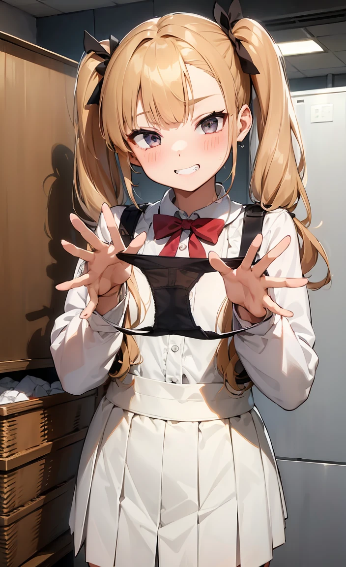 One girl,
Laundry room,washing machine, Laundry basket, a few underwears are in a Laundry basket,
Blonde, {{{Half Twin Tail:1.3}}}、break,blush, bow, 赤いbow, Long sleeve, shirt, 襟付きのshirt, skirt, プリーツskirt, 黒いskirt, Small breasts,
{{{Face close-up}}},Upper Body,,Pay attention to the panties,Quality underwear,
Look down,View your viewers,
Panties as a gift,
Tabletop, Highest quality, , Absurd, Perfect Skin, Detailed skin texture, Ultra-detailed, 8K, Intricate details, Beautifully detailed face,High resolution,
{{{Shadowed face}}}, mock, {{{Grit your teeth:1.2}}}, Grin, smile, Looking down at the viewer, masterpiece,Absurd, Beautiful detailed face when viewed from the front,