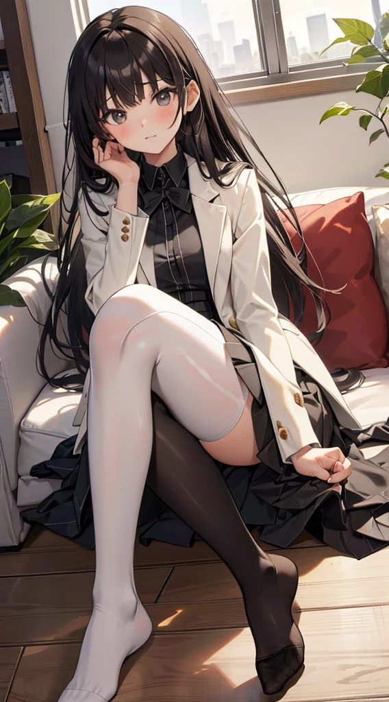 Highest quality, masterpiece, High resolution, (Head to Toe full body), front, frontやや下からの構図, Symmetric, Tall 18 year old girl, alone, (Head to Toe), (Small breasts), Unkempt brown hair, bangs, (black tights), (Black Pantyhose), (Sit with your legs apart), (Crouching pose), (Composition depicting white panties), (Her legs were spread、I see your white pants.), (I was made to sit on the floor with my legs spread...), (M-shaped feet), Thin legs, とても美しくTall 18 year old girl, (No shoes), blush, Shy big eyes, Looking into the camera, Blazer Uniform, Checkered Pleated Skirt