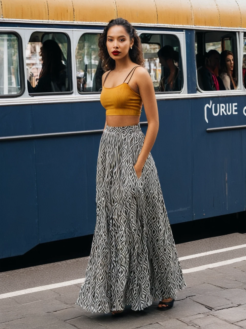 A woman standing in a bus queue. Beautiful woman, a mixed race latina model with a stunning figure. Trendy stylish woman. Wearing a long loose skirt, made from reyro material inspired by old curtain material