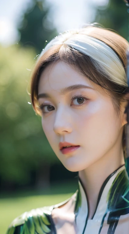 (Masterpiece:1.2), (Pale skin:1.2), (8K:1.2), (Solo:1.2), (Female:1.1), (emphasis lines:1.3),, Delicate short hair, (Outdoors:1.2), park, Green trees, Birds, , huge-breasted, (seen from the front:1.1), , thigh high, Body painting art，Close up