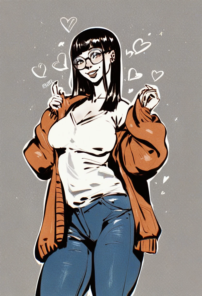 score_9, score_8_up, score_7_up, score_6_up, score_5_up, score_4_up, BREAK source_anime,rating_risky,a girl, curvy, pale skin, glasses. wearing cardigan and jeans, motherly smile, hime-cut hair, hearts in background, medium breasts,