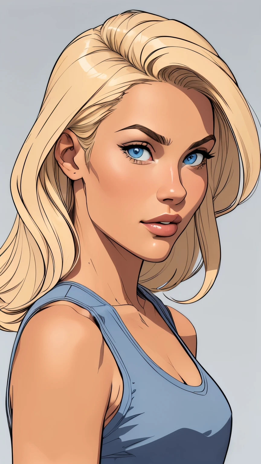 
Flat colors,close-up, portrait,  of a 25 year old surfer looking girl, tan skin, ([blue eyes]) Beach blonde salty hair, natural beaty, beautiful, casual, blue tank top, masterpiece, (([Simple grey background]))
