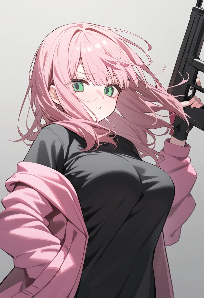 1 woman, alone, adolescent, pink fur, broad, messy hair, corrugated shelter, long bangs, green eyes, big breasts, large eyes, In combat pose, (Long black t-shirt, pink jacket), (Gray background, simple background),Masterpiece, Best Quality, dynamic angle, holding a gun, Big eyebrows