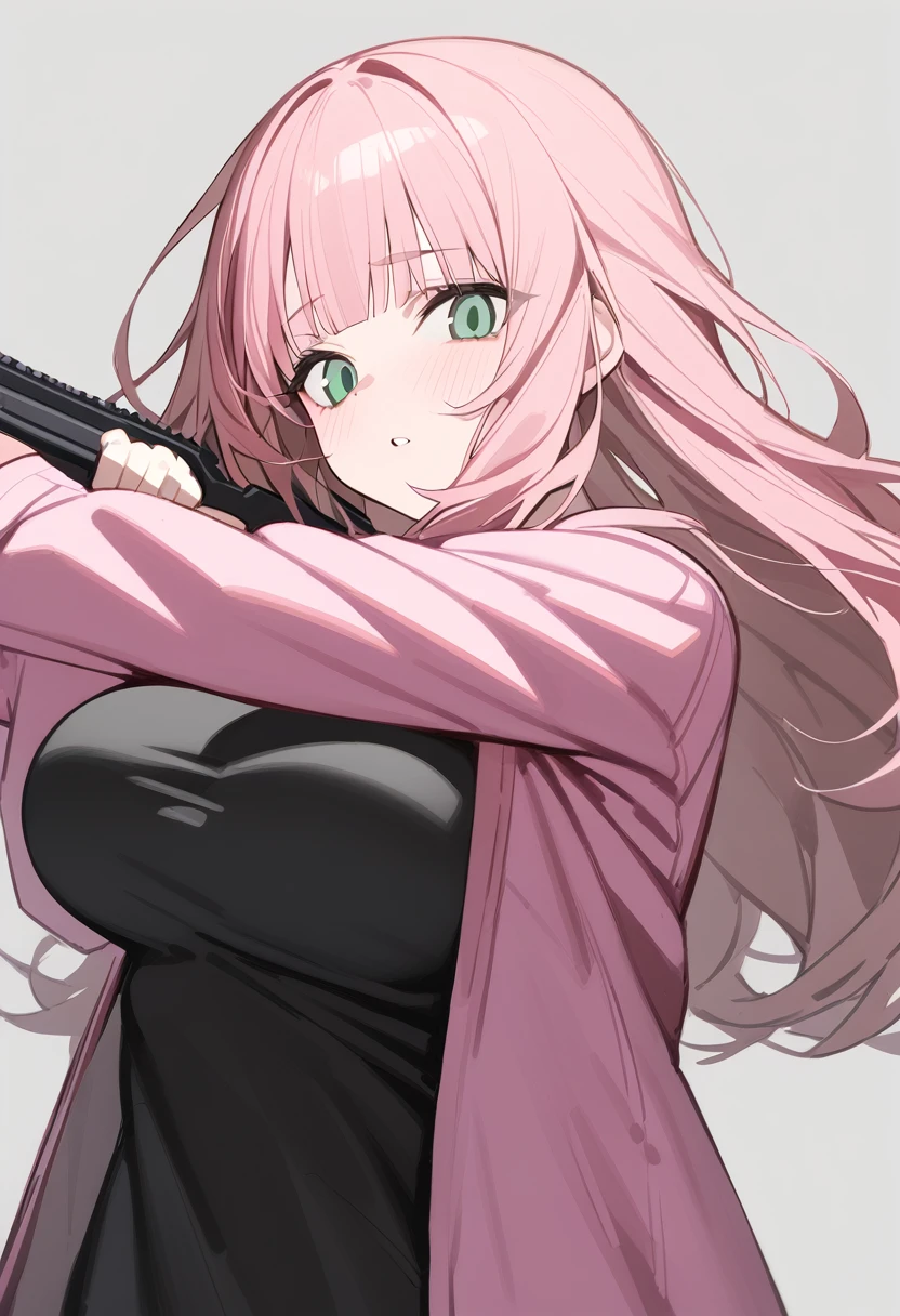 1 woman, alone, adolescent, pink fur, broad, messy hair, corrugated shelter, long bangs, green eyes, big breasts, large eyes, In combat pose, (Long black t-shirt, pink jacket), (Gray background, simple background),Masterpiece, Best Quality, dynamic angle, holding a gun, Big eyebrows