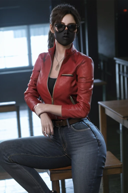(masterpiece, best quality), 1 Girl , claireredfield2, in school, Wearing sunglasses and a mask, wear jeans