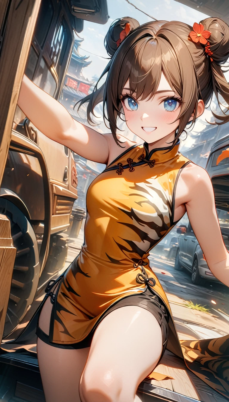 Young girl, brown hair in two buns, blue eyes, smile, Chinese dress, sleeveless, shorts, tiger print, Van Van from Mobile Legends, Masterpiece, best quality, Full HD, 8k, ultra details, great graphic