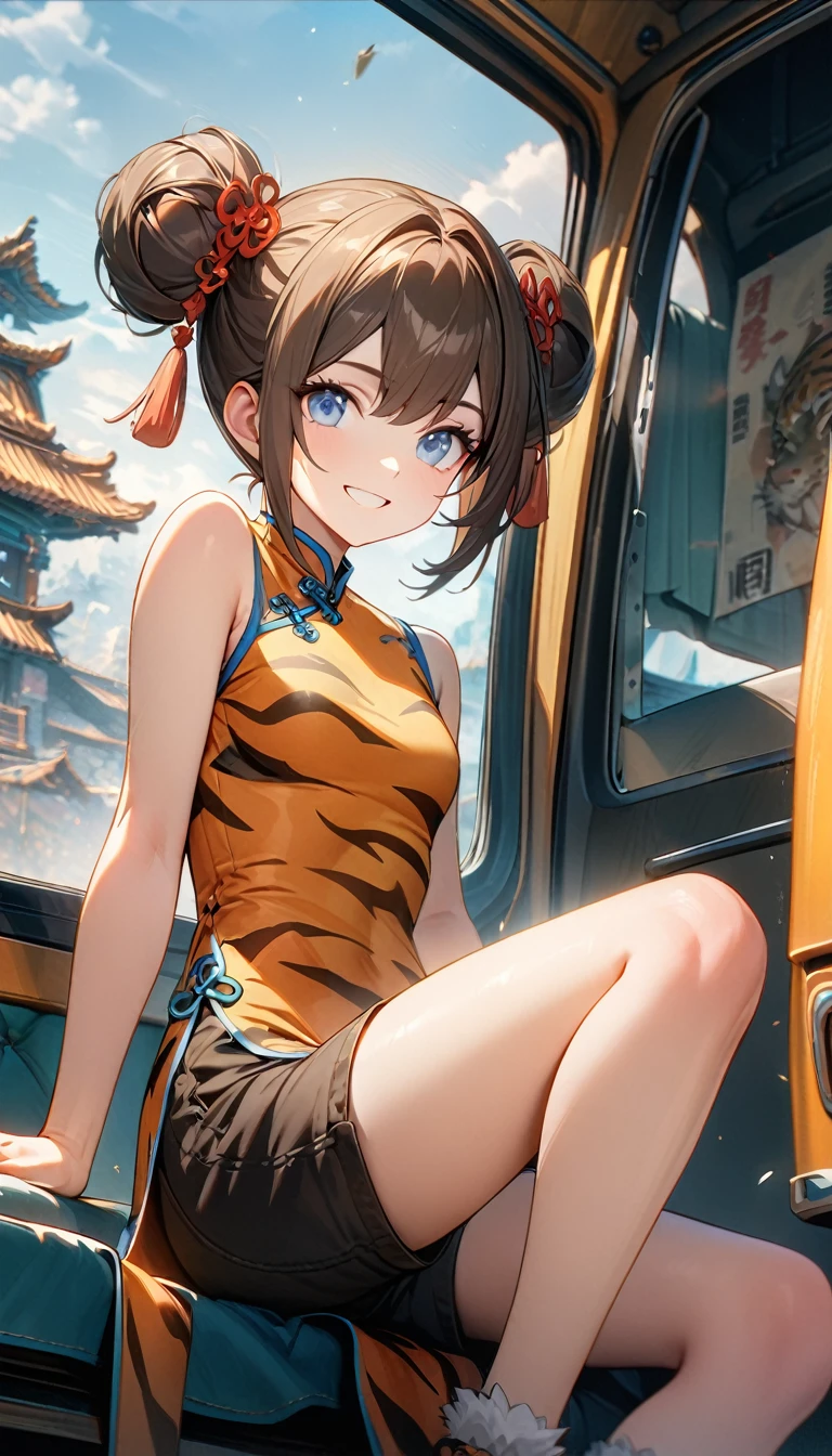 Young girl, brown hair in two buns, blue eyes, smile, Chinese dress, sleeveless, shorts, tiger print, Van Van from Mobile Legends, Masterpiece, best quality, Full HD, 8k, ultra details, great graphic