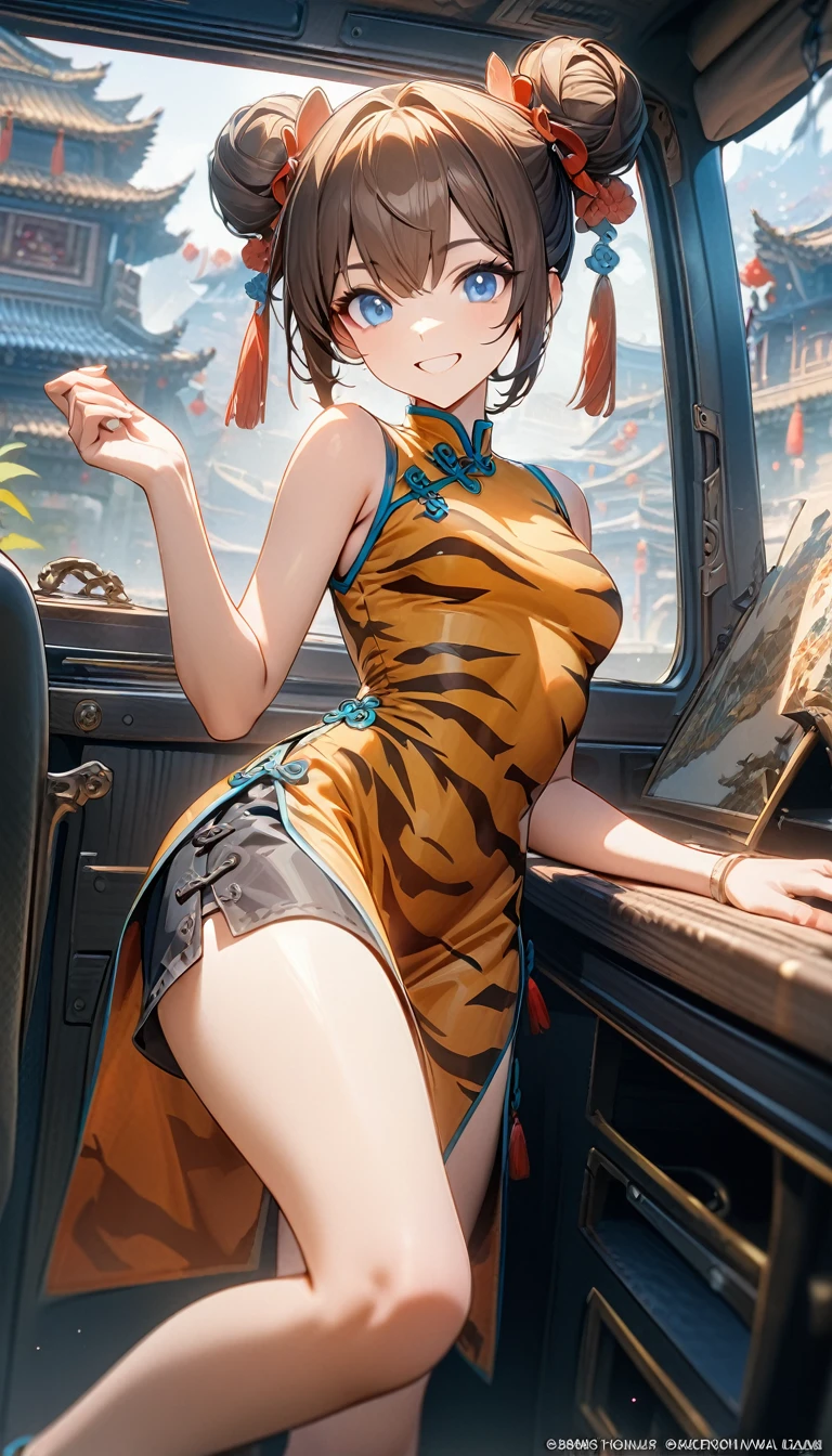 Young girl, brown hair in two buns, blue eyes, smile, Chinese dress, sleeveless, shorts, tiger print, Van Van from Mobile Legends, Masterpiece, best quality, Full HD, 8k, ultra details, great graphic