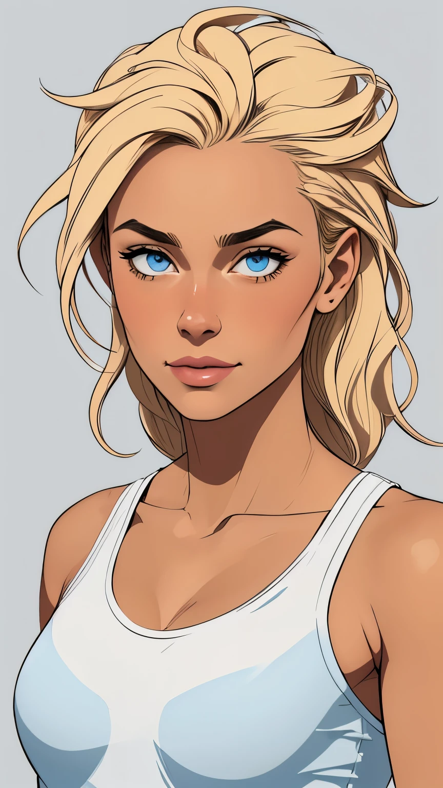 
Flat colors,close-up, portrait,  of a 25 year old surfer looking girl, tan skin, ([blue eyes]) Beach blonde salty hair, natural beaty, beautiful, casual, blue tank top, masterpiece, (([Simple grey background]))
