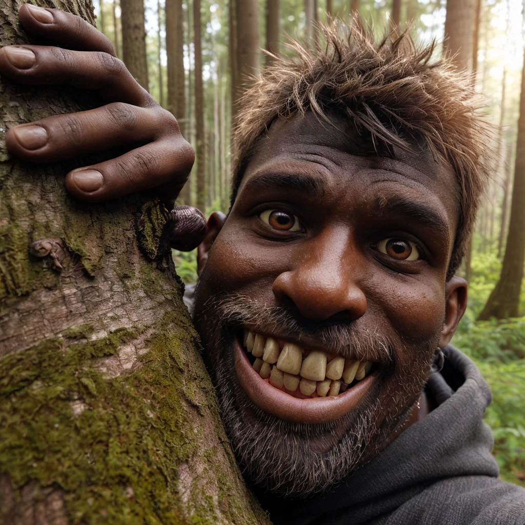 "make high quality hd photos, a man with ugly behavior, brown skin, black teeth, a fat body, was climbing a tree. looks natural, very realistic, real and clear."