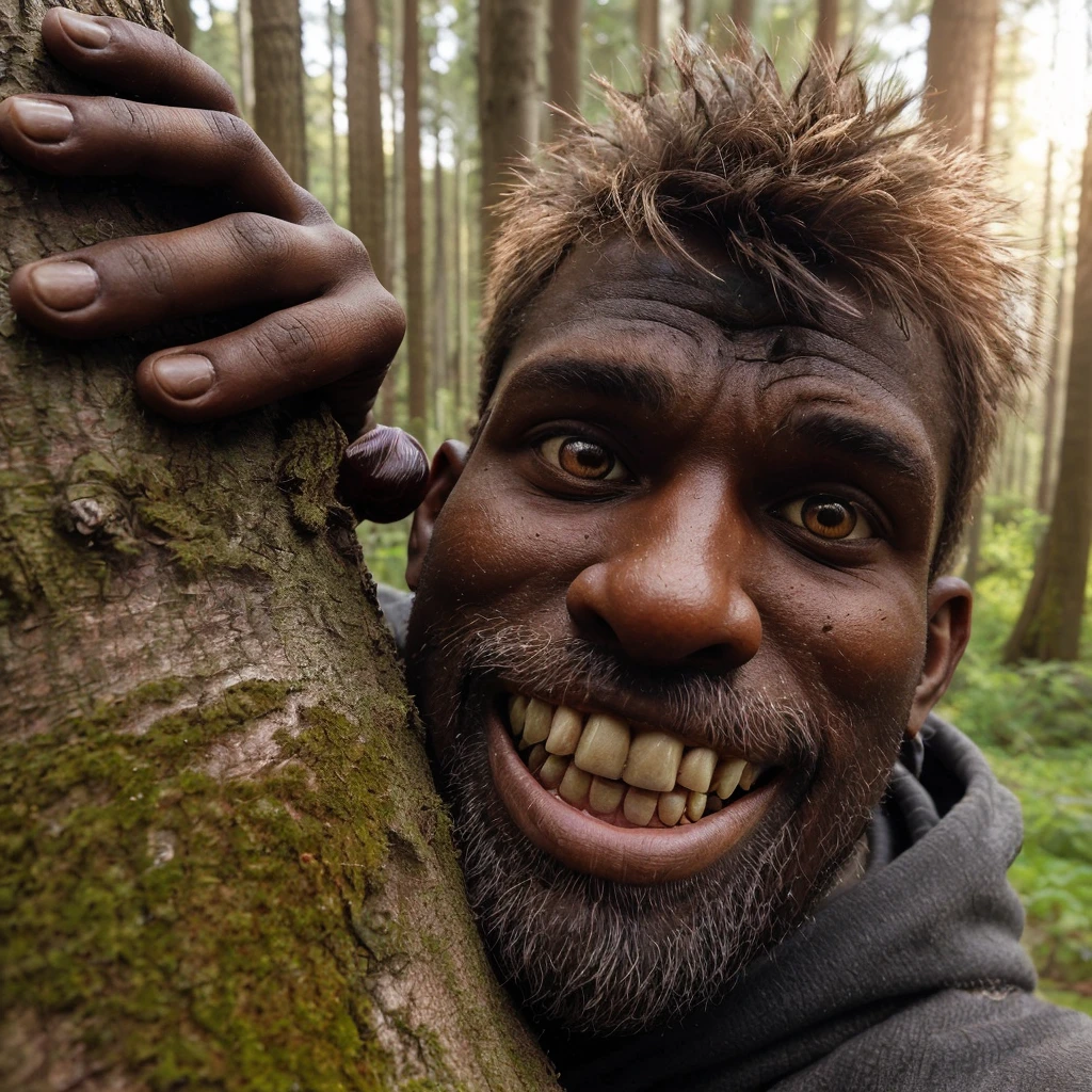 "make high quality hd photos, a man with ugly behavior, brown skin, black teeth, a fat body, was climbing a tree. looks natural, very realistic, real and clear."