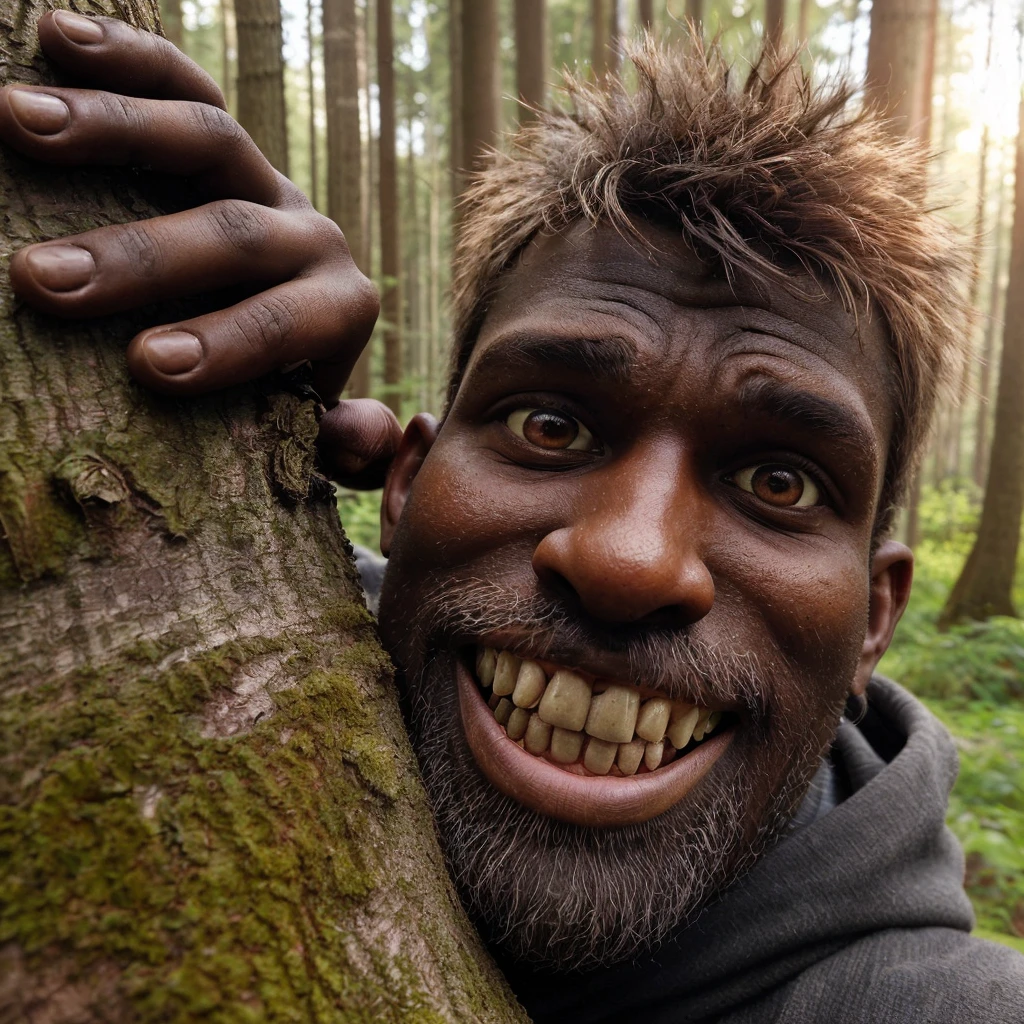 "make high quality hd photos, a man with ugly behavior, brown skin, black teeth, a fat body, was climbing a tree. looks natural, very realistic, real and clear."