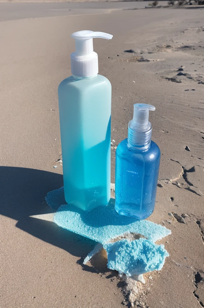 Glass bottle of facial cleanser on the desert。
The desert is running out of water、The ground is dry and cracked in places.。
There's a slight chill in the air over the desert.。
The bottle is surrounded by an aura of light.。
The contents of the facial cleanser are a light blue liquid that glows blue.。