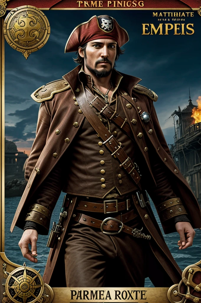 A comic, steampunk style, the protagonist is a young pirate, 30 years, the bad guy is an emperor, 50 year old man, martial and imperial bearing. The pirate challenges the emperor. Texts in Spanish
