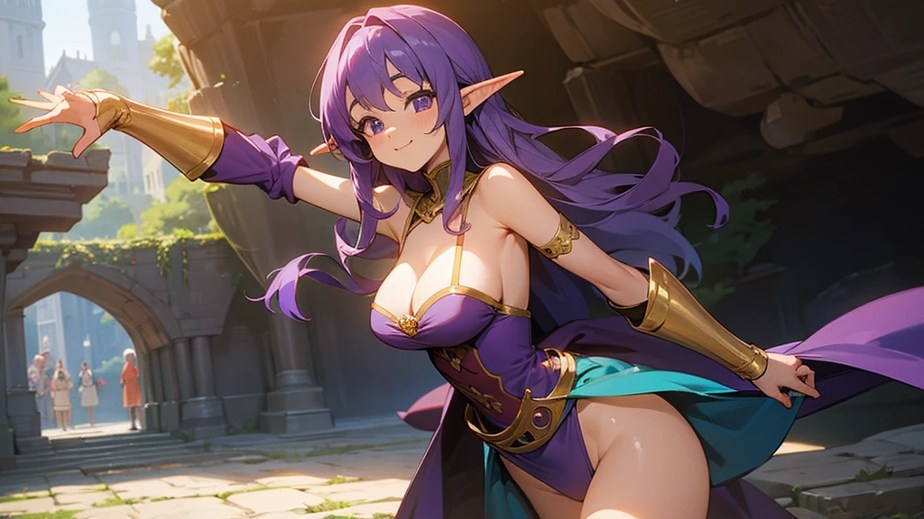 Lots of people,Anime Style,Nostalgic,Detailed background,The medieval world,A palace-like cave,A beautiful purple-haired smiling bard elf,Large Breasts,Healthy thighs,Underarm