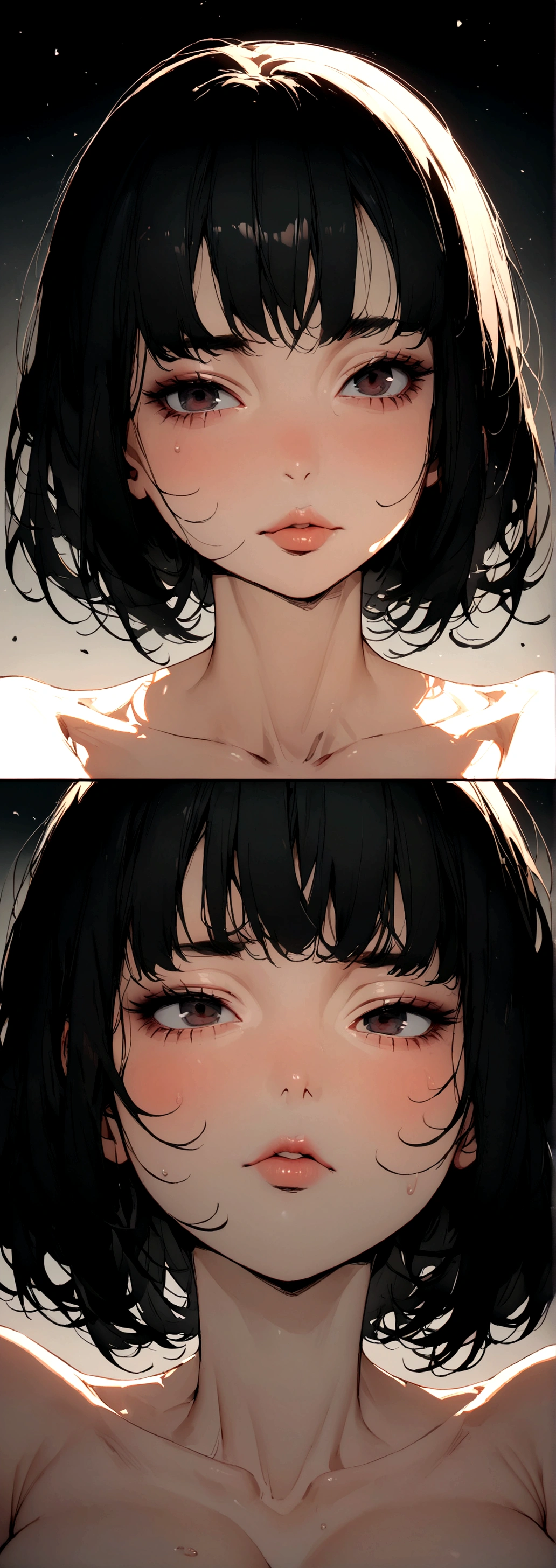 nsfw、Completely naked、Japanese, Short women,  Physical build, Medium, Medium height, A little plump, Short arms, single eyelid, Long, narrow eyes, Ephemeral atmosphere, 30-year-old woman, Black bob hair, ((Thin lips)),Pieces fly, Highest quality, Detailed skin, Fine grain, ,8K, Excellent anatomy, Upper body portrait