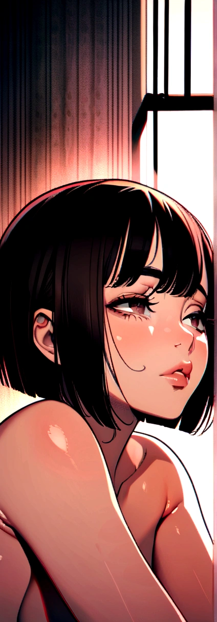 nsfw、Completely naked、Japanese, Short women,  Physical build, Medium, Medium height, A little plump, Short arms, single eyelid, Long, narrow eyes, Ephemeral atmosphere, 30-year-old woman, Black bob hair, ((Thin lips)),Pieces fly, Highest quality, Detailed skin, Fine grain, ,8K, Excellent anatomy, Upper body portrait